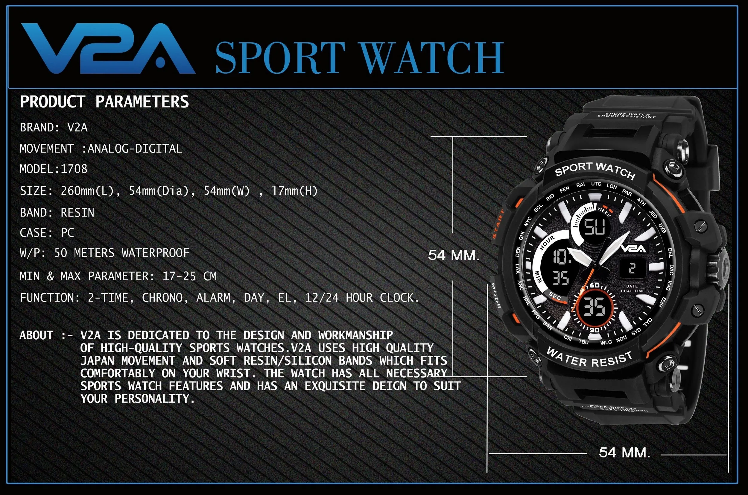 V2A Big Dial Camo-Black Outdoor Sport Shockproof Led Analogue And Digital Waterproof Chronograph Watch For Men