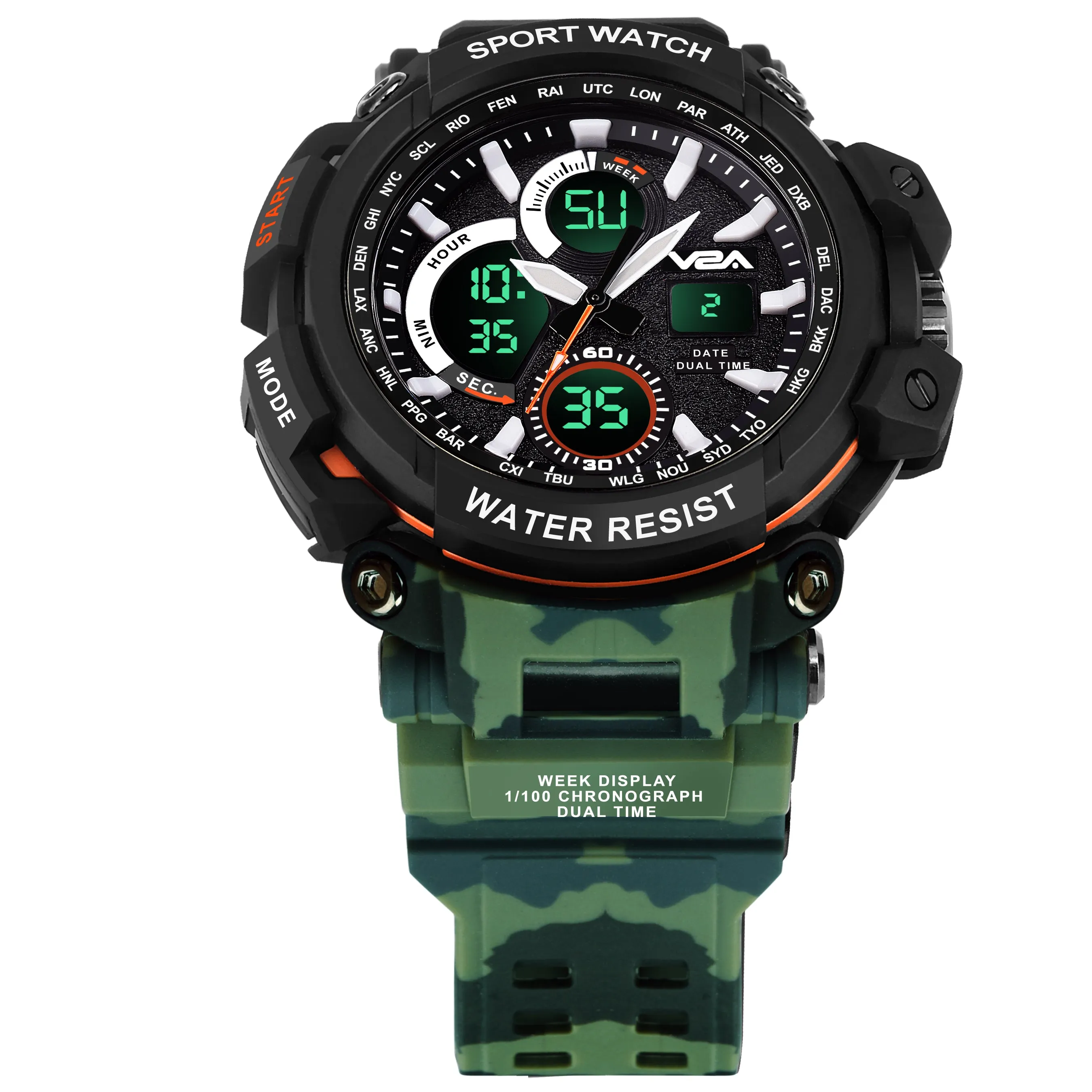 V2A Big Dial Camo-Black Outdoor Sport Shockproof Led Analogue And Digital Waterproof Chronograph Watch For Men