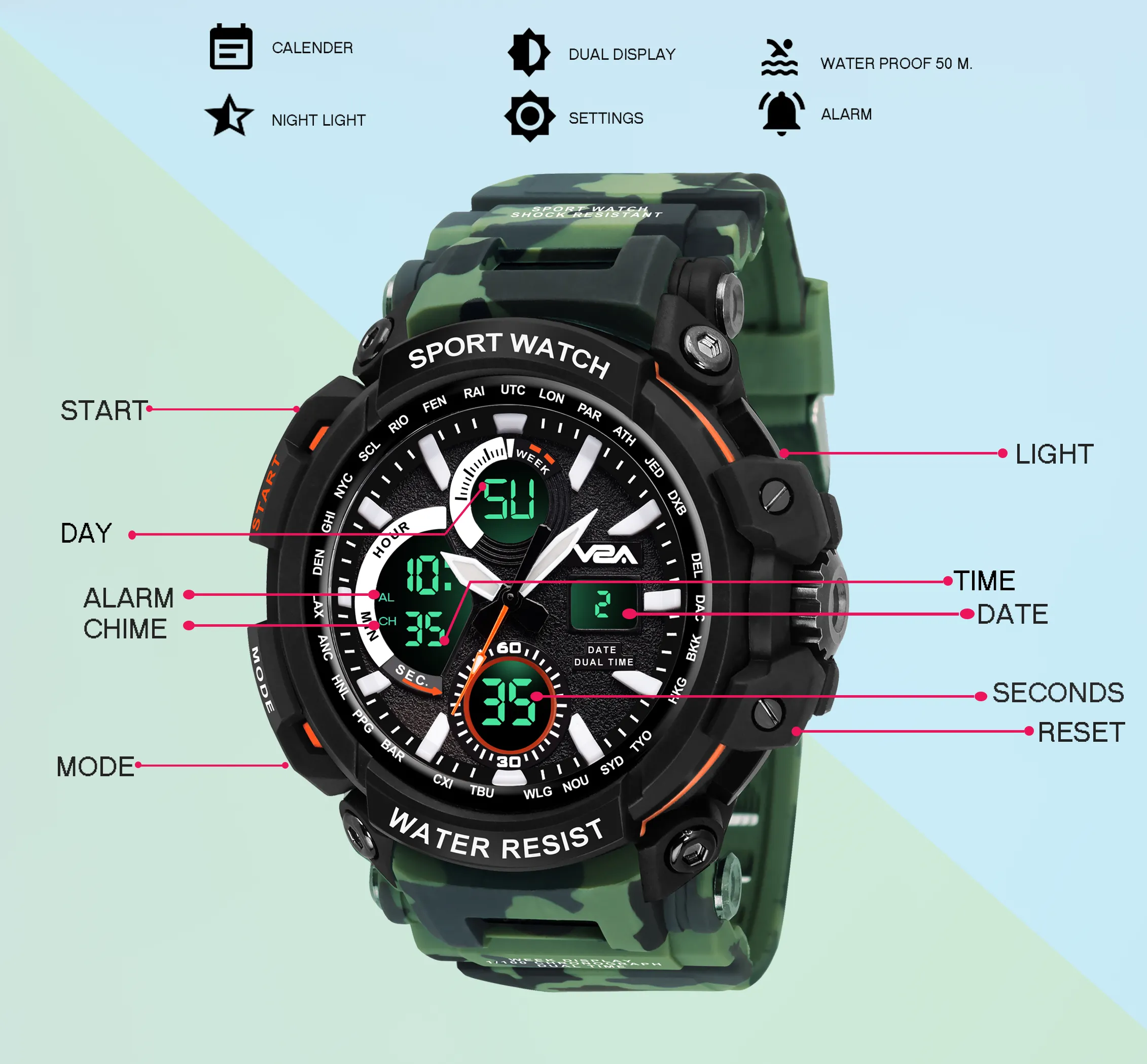 V2A Big Dial Camo-Black Outdoor Sport Shockproof Led Analogue And Digital Waterproof Chronograph Watch For Men