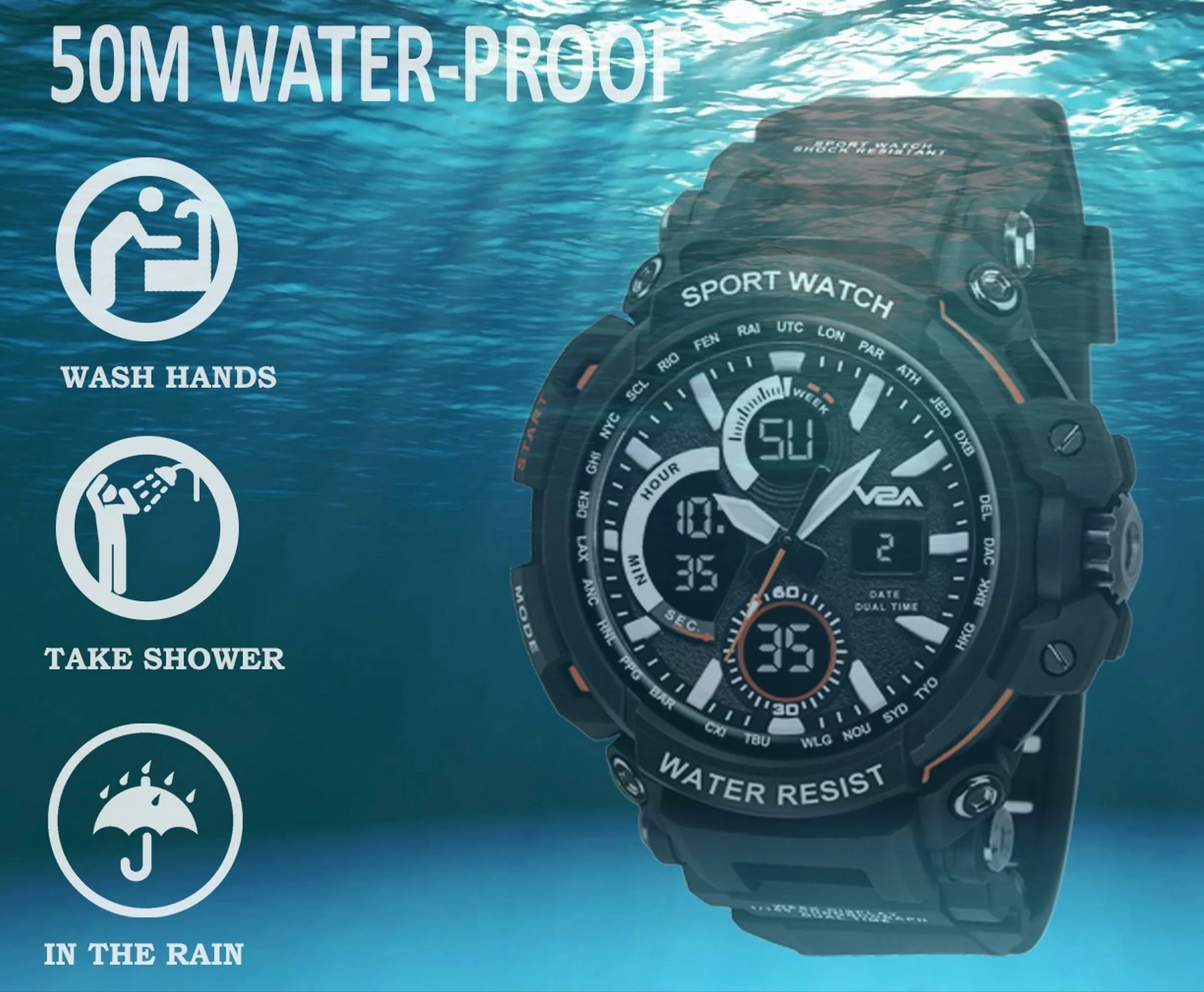 V2A Big Dial Camo-Black Outdoor Sport Shockproof Led Analogue And Digital Waterproof Chronograph Watch For Men