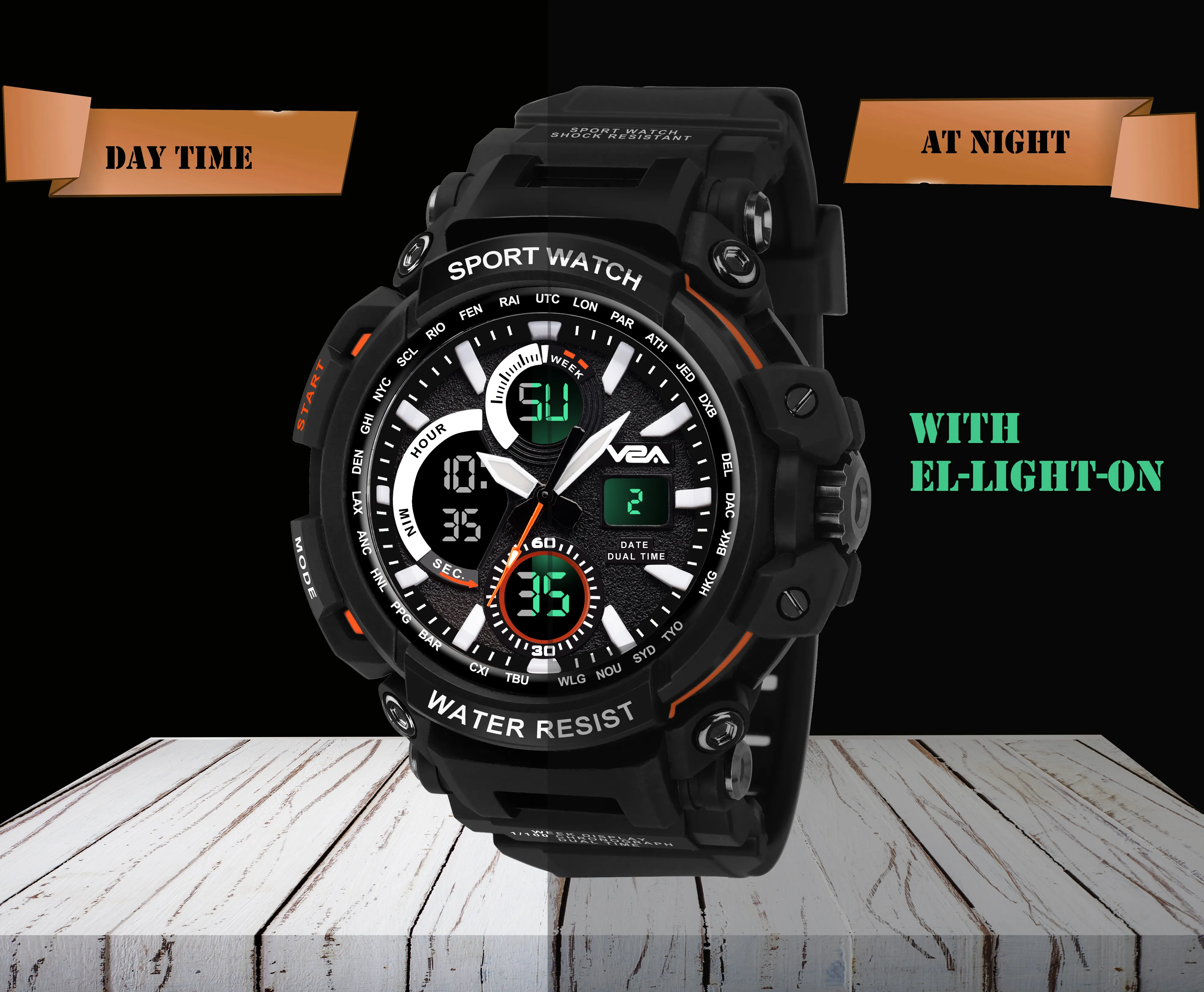 V2A Big Dial Camo-Black Outdoor Sport Shockproof Led Analogue And Digital Waterproof Chronograph Watch For Men