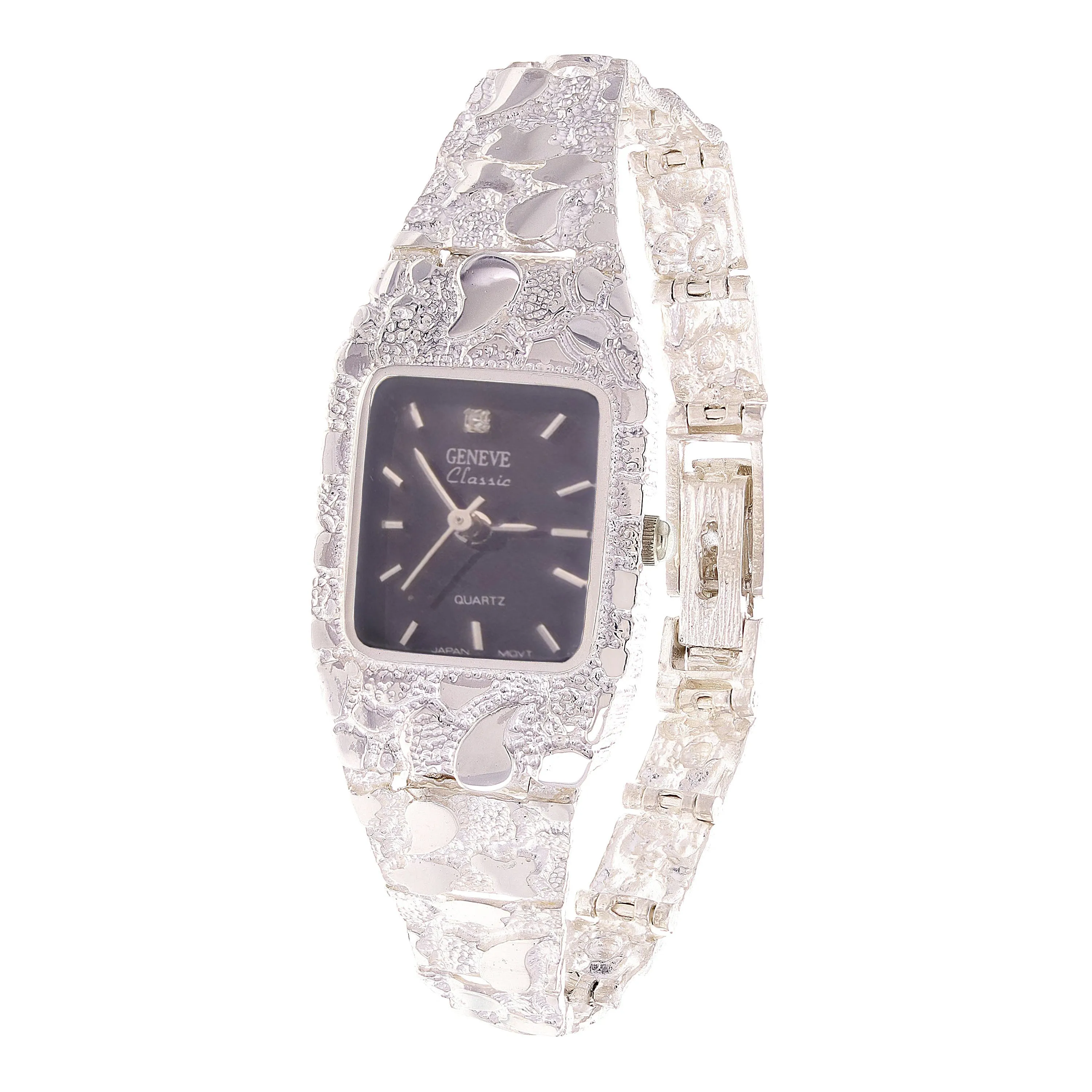 Women's 925 Sterling Silver Nugget Link Geneve Diamond Wrist Watch 6.5-7" 24.7g
